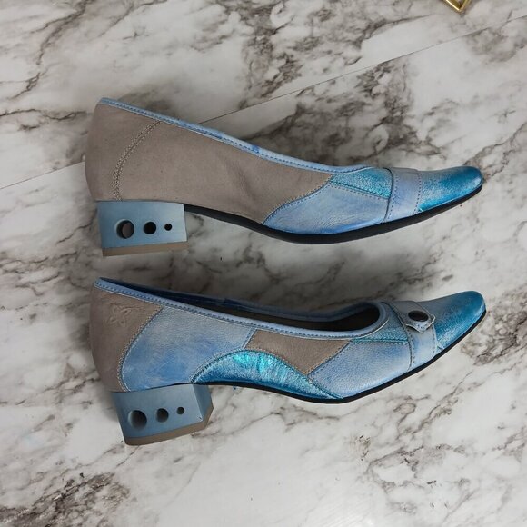 MACIEJKA pumps block heels women's slip-on pointed-toe blue leather size 39 - Picture 4 of 9